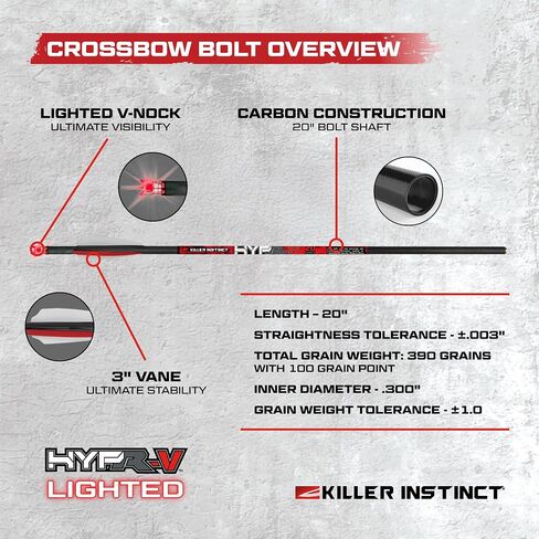 Killer Instinct Lighted HYPR-V 20" Crossbow Bolts 3-Pack - V-Track Nock System 390 Grain with LED Illumination and .003" Straightness | LED Illumination, 003" Straightness, 3-Pack - V-Track Nock System 390 Grain in Saudi Arabia