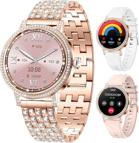 Smart Watches for Women with Diamonds, 1.27'' TFT Smartwatch with Bluetooth Answer/Make Call, Heart Rate Sleep Monitor, 100+ Sport Modes Fitness Tracker, Women’s Smart Watch for Android Phones（Gold） in Saudi Arabia