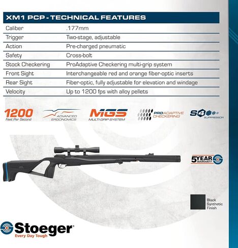 Stoeger XM1 .177 Caliber PCP Air Rifle with 4x32 Scope, 1200 FPS | Powerful Hunting Style Air Rifle, 4x32 Scope, Fiber Optic Sights, Quiet Shooting, Customizable Fit in Saudi Arabia