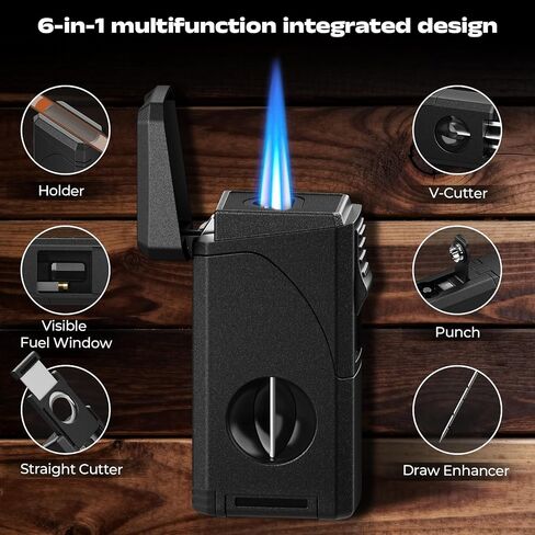 6-in-1 Windproof Triple Jet Flame Butane Torch Lighter with V-Shape Shear,Punch and Hold, Adjustable Refillable Lighter with Draw Enhancer Tool for Candle, BBQ, Camping and Outdoor, Travel Use in Saudi Arabia