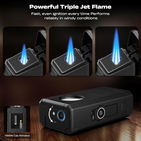 6-in-1 Windproof Triple Jet Flame Butane Torch Lighter with V-Shape Shear,Punch and Hold, Adjustable Refillable Lighter with Draw Enhancer Tool for Candle, BBQ, Camping and Outdoor, Travel Use in Saudi Arabia