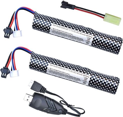Airsoft Batteries 11.1V Gel Blaster Battery 11.1 Volt 2000mAh with Charger and SM-2P Plug to Mini Tamiya Connector Cable for Water Bead Splatter Ball（2 Pack in Saudi Arabia