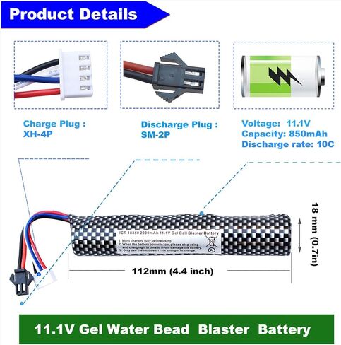 Airsoft Batteries 11.1V Gel Blaster Battery 11.1 Volt 2000mAh with Charger and SM-2P Plug to Mini Tamiya Connector Cable for Water Bead Splatter Ball（2 Pack in Saudi Arabia