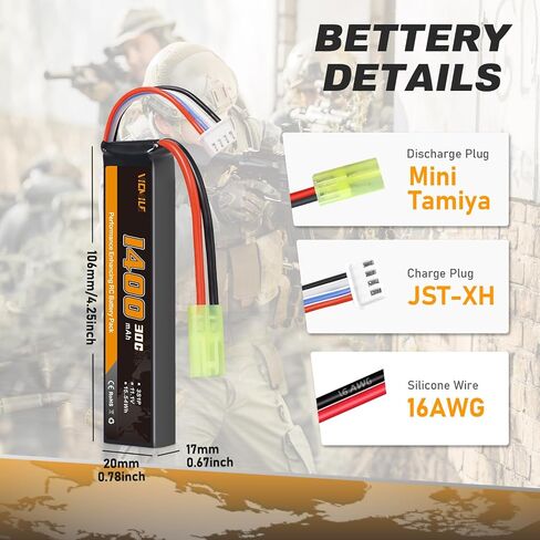 3S Airsoft Battery 30C(Burst 60C) 11.1V 1400mAh Mini Tamiya Plug with 11.1V USB Charger Fit for Most Airsoft Model Guns Gel Water Bead Blaster 2PACK in Saudi Arabia