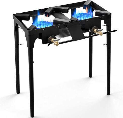 GasOne Double Propane Burner with Adjustable Height 4-Tier Removable Legs for Outdoor Cooking – High Pressure Camping Accessories Camp Stove – Cast Iron Portable Stove Top - Patent Pending in Kuwait