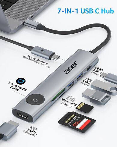 محول متعدد المنافذ 7 في 1 USB-C من أيسر مع HDMI 4K@60 هرتز لأجهزة الكمبيوتر المحمول وأجهزة Mac | محول USB C إلى HDMI مع شحن مروري بقدرة 100 واط، ومنفذي USB-A و1 USB-C بسرعة 5 جيجابت في الثانية، وقارئ بطاقات SD/TF للعمل والسفر in Kuwait