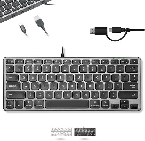 Macally Small Keyboard for Mac with USB Hub (3 Ports) - Wired 2 in 1 USB C + A Plug - Save Space with an Apple Compatible Keyboard (78-Key Layout) - Silver in Saudi Arabia
