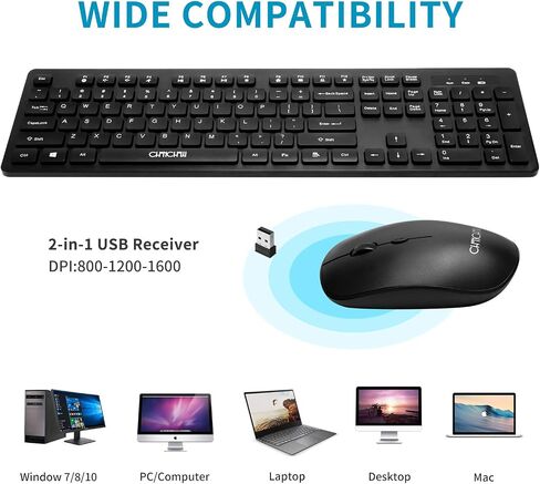 مجموعة ماوس ولوحة مفاتيح لاسلكية، لوحة مفاتيح لاسلكية للكمبيوتر USB CHONCHOW 2.4 جيجا هرتز وماوس قابل للتعديل 1600 نقطة في البوصة لأجهزة الكمبيوتر المكتبية وأجهزة الكمبيوتر المحمول Mac in Kuwait