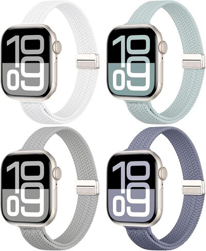 4 Pack Slim Stretchy Bands Compatible with Apple Watch 40/41/42/38mm Women | Breathable Braided Sport Strap with Magnetic Clasp for iWatch Series 11 10 9 8 7 6 5 4 3 SE 2 in Kuwait
