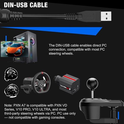 PXN A7 H-Pattern Gear Shifter for Sim Racing, 6+R Gaming Shifter | 6-Speed + Reverse, 3 Detachable Cables, High/Low Gear & Parking Brake Button, Universal USB/RJ11/DIN Compatibility in Saudi Arabia