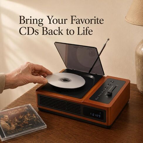 R02 Retro Bluetooth CD Player for Home, FM Radio, Speakers & Remote Control | Retro Wooden Design, Rechargeable Battery, 40 FM Presets, Bluetooth 5.3 In/Out, USB & AUX Input, Optical & Headphone Output in Saudi Arabia