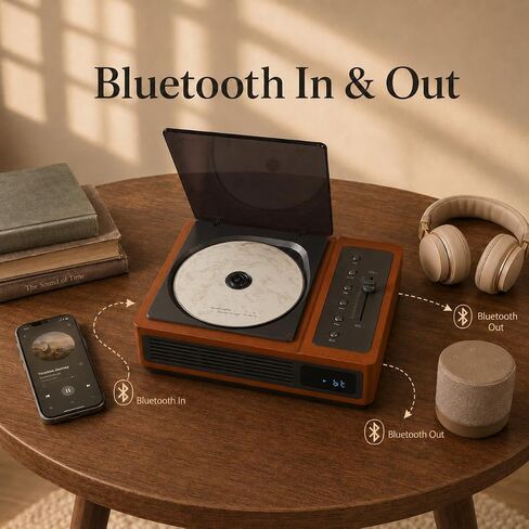 R02 Retro Bluetooth CD Player for Home, FM Radio, Speakers & Remote Control | Retro Wooden Design, Rechargeable Battery, 40 FM Presets, Bluetooth 5.3 In/Out, USB & AUX Input, Optical & Headphone Output in Saudi Arabia