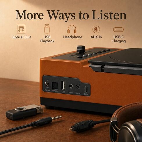 R02 Retro Bluetooth CD Player for Home, FM Radio, Speakers & Remote Control | Retro Wooden Design, Rechargeable Battery, 40 FM Presets, Bluetooth 5.3 In/Out, USB & AUX Input, Optical & Headphone Output in Saudi Arabia