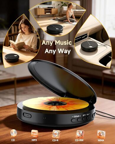 Portable Bluetooth CD Player with Anti-Skip, Stereo Speakers & Headphones | A-B Repeat, PROG Memory, 10 Playback Speeds, AUX input, Small Personal Walkman CD Players for Home, Car & Travel, Ideal Gifts in Saudi Arabia