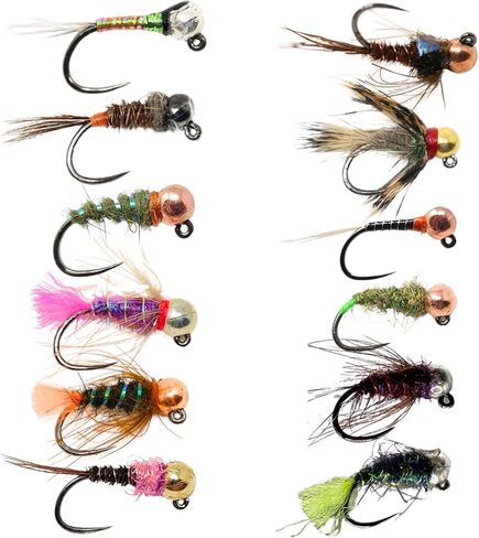 The Fly Crate 12 Euro Nymphing Trout Fly Fishing Flies - European Nymph Fly Assortment with Tungsten Beads - Jigs, Perdigons, and Barbless Nymphs in Saudi Arabia
