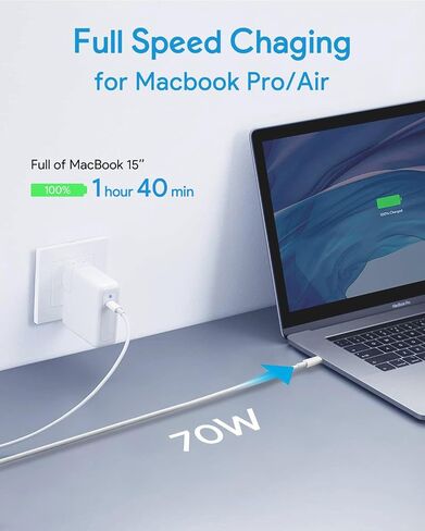 Mac Book Pro Charger, 70W USB C Charger Power Adapter for MacBook Pro/Air 13/14 Inch, for MacBook 12 Inch, Included USB-C to USBC Charge Cable (6.6ft/2m) in Kuwait