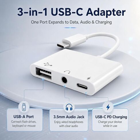 3-in-1 USB C Adapter for iPhone 15 16, USB C to USB-A OTG Adapter with 3.5mm Headphone Jack & PD Fast Charging Port, USB C Splitter for MacBook Pro Air, iPad Pro, Samsung Galaxy S23 S24 in Saudi Arabia