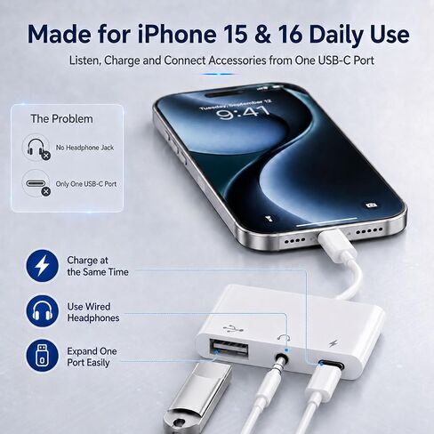 3-in-1 USB C Adapter for iPhone 15 16, USB C to USB-A OTG Adapter with 3.5mm Headphone Jack & PD Fast Charging Port, USB C Splitter for MacBook Pro Air, iPad Pro, Samsung Galaxy S23 S24 in Saudi Arabia