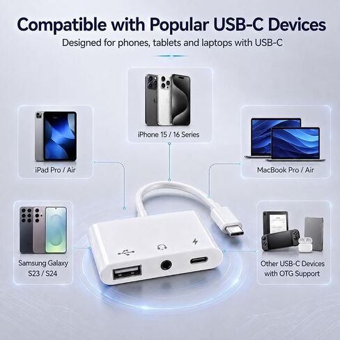 3-in-1 USB C Adapter for iPhone 15 16, USB C to USB-A OTG Adapter with 3.5mm Headphone Jack & PD Fast Charging Port, USB C Splitter for MacBook Pro Air, iPad Pro, Samsung Galaxy S23 S24 in Saudi Arabia