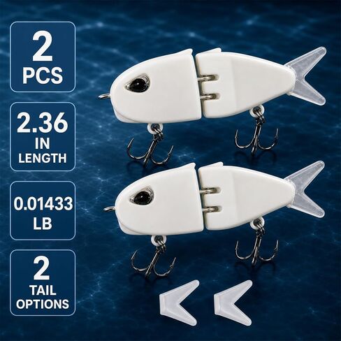 2 Pcs Mini Glide Bait, Slow Sinking Multi Jointed Swimbait Wobbler with 2 Tail Options, Freshwater & Saltwater Fishing Lure for Bass, Practical Fishing Gear Gift in Saudi Arabia