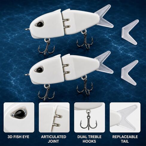 2 Pcs Mini Glide Bait, Slow Sinking Multi Jointed Swimbait Wobbler with 2 Tail Options, Freshwater & Saltwater Fishing Lure for Bass, Practical Fishing Gear Gift in Saudi Arabia