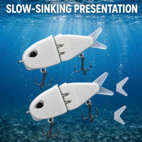 2 Pcs Mini Glide Bait, Slow Sinking Multi Jointed Swimbait Wobbler with 2 Tail Options, Freshwater & Saltwater Fishing Lure for Bass, Practical Fishing Gear Gift in Saudi Arabia