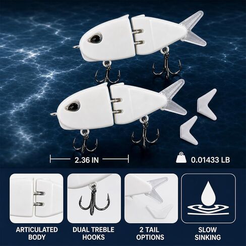 2 Pcs Mini Glide Bait, Slow Sinking Multi Jointed Swimbait Wobbler with 2 Tail Options, Freshwater & Saltwater Fishing Lure for Bass, Practical Fishing Gear Gift in Saudi Arabia