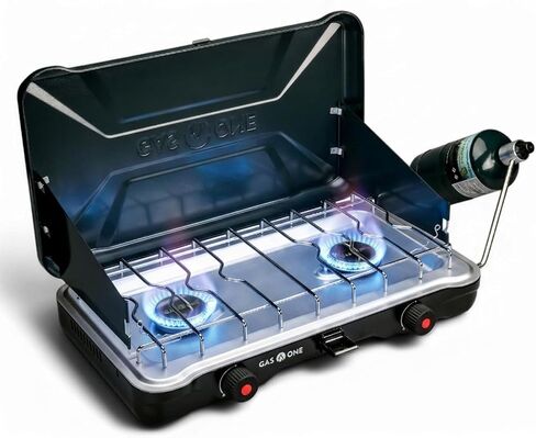 GasOne PS-2500MBA Portable Camping Stove – Double Propane Stove with Auto Twist Turn Ignition – 22,000 BTU Camping Cooktop with 2 Burners and Wind Guard – Ideal for Tailgating, Fishing, Travel in Saudi Arabia