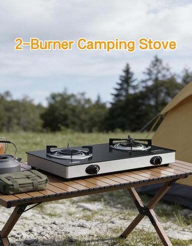Outdoor Propane s Stove, 28000 BTU Dual Burner LPG Propane Gas Cooktop with Tempered Glass Top, Portable Gas Stove for Outdoor Cooking Camping Grilling in Kuwait