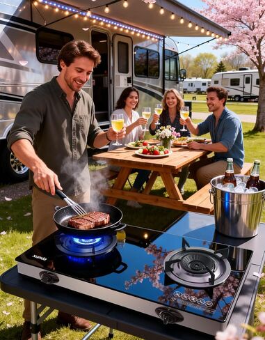 Outdoor Propane s Stove, 28000 BTU Dual Burner LPG Propane Gas Cooktop with Tempered Glass Top, Portable Gas Stove for Outdoor Cooking Camping Grilling in Kuwait