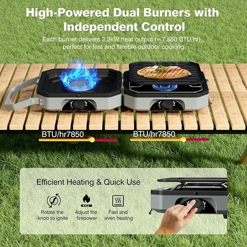2 Burner Camping Stove, Portable Propane Stove | 7850BTU Dual Burners, Foldable Design, One-Hand Ignition, 304 Stainless Steel, Griddle, Hose and Carry Bag for Camping in Saudi Arabia