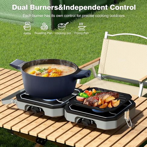 2 Burner Camping Stove, Portable Propane Stove | 7850BTU Dual Burners, Foldable Design, One-Hand Ignition, 304 Stainless Steel, Griddle, Hose and Carry Bag for Camping in Saudi Arabia