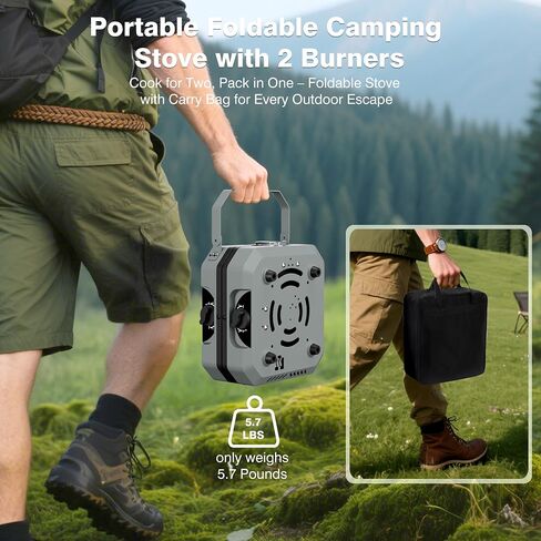 2 Burner Camping Stove, Portable Propane Stove | 7850BTU Dual Burners, Foldable Design, One-Hand Ignition, 304 Stainless Steel, Griddle, Hose and Carry Bag for Camping in Saudi Arabia