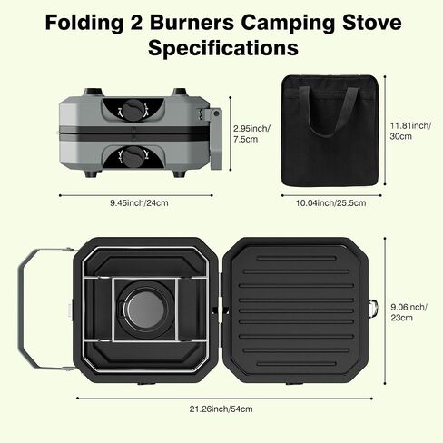2 Burner Camping Stove, Portable Propane Stove | 7850BTU Dual Burners, Foldable Design, One-Hand Ignition, 304 Stainless Steel, Griddle, Hose and Carry Bag for Camping in Saudi Arabia
