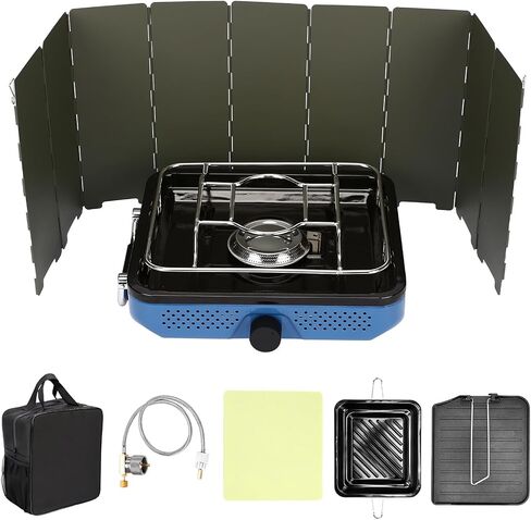 Uniflasy 2 Burner Camping Stove Kit with Carry Bag & Wind Guards | 30,000 BTUs Foldable Propane Camp Stove, for Tailgating, Grilling, BBQ, Hiking & More in Kuwait