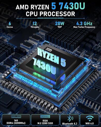 كمبيوتر صغير Getorli، Ryzen 5 7430U(Beats 7330U/5300U)، ذاكرة وصول عشوائي DDR4 قابلة للترقية سعة 16 جيجابايت، 512 جيجا SSD، أجهزة كمبيوتر صغيرة مزدوجة 2.5 جيجا LAN تدعم شاشة 4K ثلاثية، كمبيوتر مكتبي صغير WiFi6 للاستخدام اليومي في المنزل والمكتب in Kuwait