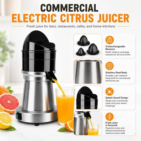 YUANHAO Commercial Electric Citrus Juicer Machine | 3 Reamers & Splash Guard, Stainless Steel Automatic Orange/Lemon/Grapefruit Juicer for Bars, Restaurants, Home Use in Kuwait