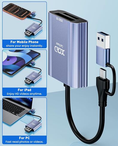 XQD Card Reader - 2 in 1 XQD SD Memory Card Adapter with USB-C/USB-A, 5Gbps Aluminum XQD Reader for iPhone 17/16/15, Windows/MacOS/Android, Sony G/M Series, Lexar 2933x/1400x, XQD and SD Card Reader in Kuwait