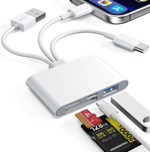 4 in 1 SD Card Reader for iPhone,USB-C/Lightning/USB-A,OTG Adapter,Fast Photo Transfer from Digital Camera SD/TF Card to Phone,SD/Micro SD Card Adapter for iPhone,iPad,Android,USB Flash Drive in Kuwait