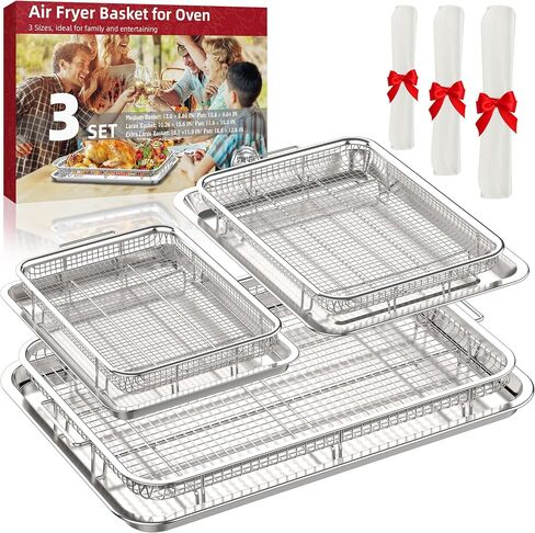 Air Fryer Basket for Oven, OPENICE Oven Air Fryer Basket and Tray Set | 15.3"x11.0" Stainless Steel Air Fryer Tray snd Pan with 30 PCS Parchment Paper in Kuwait