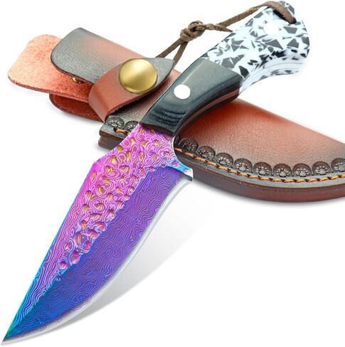 Premium Hunting Knife with Leather Sheath, 4.2" Damascus Style Fixed Blade Knife, Rainbow Titanium Coated German High Carbon Steel, Two-Tone Wood Handle,Unique Outdoor EDC Knife Gift for Men and Women (Dazzling colors) (Rainbow-color) in Saudi Arabia
