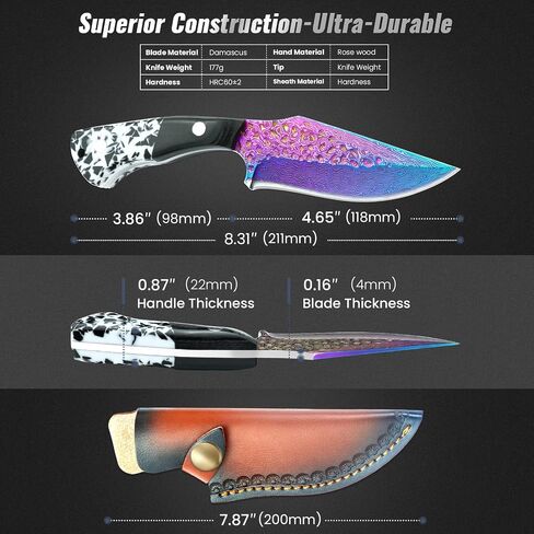 Premium Hunting Knife with Leather Sheath, 4.2" Damascus Style Fixed Blade Knife, Rainbow Titanium Coated German High Carbon Steel, Two-Tone Wood Handle,Unique Outdoor EDC Knife Gift for Men and Women (Dazzling colors) (Rainbow-color) in Saudi Arabia