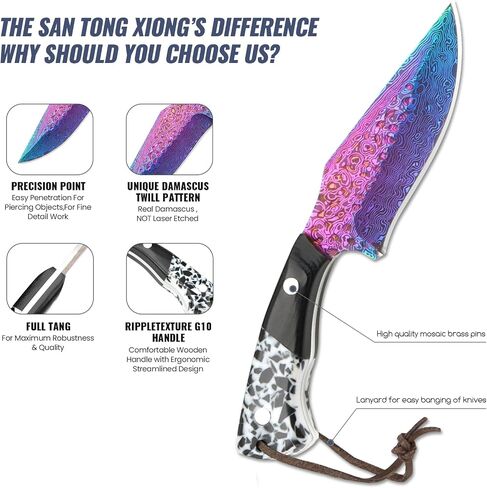 Premium Hunting Knife with Leather Sheath, 4.2" Damascus Style Fixed Blade Knife, Rainbow Titanium Coated German High Carbon Steel, Two-Tone Wood Handle,Unique Outdoor EDC Knife Gift for Men and Women (Dazzling colors) (Rainbow-color) in Saudi Arabia