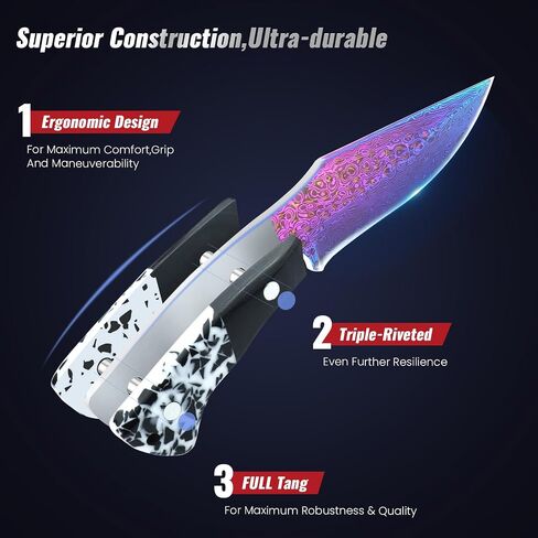 Premium Hunting Knife with Leather Sheath, 4.2" Damascus Style Fixed Blade Knife, Rainbow Titanium Coated German High Carbon Steel, Two-Tone Wood Handle,Unique Outdoor EDC Knife Gift for Men and Women (Dazzling colors) (Rainbow-color) in Saudi Arabia