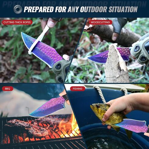 Premium Hunting Knife with Leather Sheath, 4.2" Damascus Style Fixed Blade Knife, Rainbow Titanium Coated German High Carbon Steel, Two-Tone Wood Handle,Unique Outdoor EDC Knife Gift for Men and Women (Dazzling colors) (Rainbow-color) in Saudi Arabia