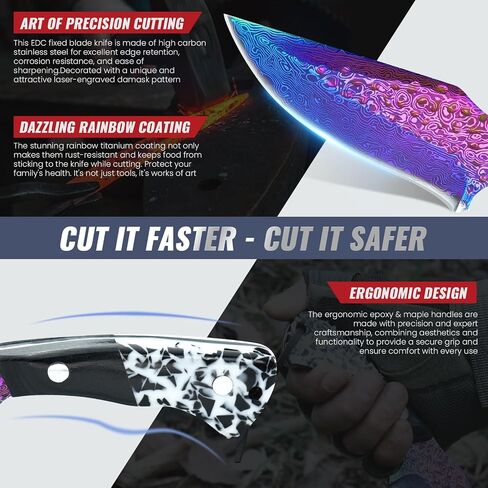 Premium Hunting Knife with Leather Sheath, 4.2" Damascus Style Fixed Blade Knife, Rainbow Titanium Coated German High Carbon Steel, Two-Tone Wood Handle,Unique Outdoor EDC Knife Gift for Men and Women (Dazzling colors) (Rainbow-color) in Saudi Arabia