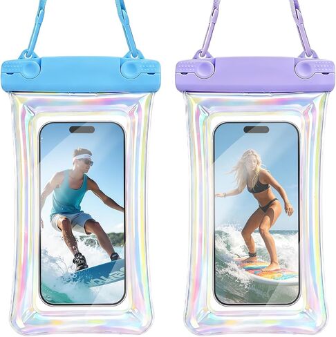 DLseego 2-Pack Iridescent Floating Waterproof Phone Pouch, Blue & Purple Laser TPU IPX8 Dry Bag with Lanyard, Touch Screen Waterproof Case Fit Up to 7 Inch Phone for Swimming Beach Snorkeling Rafting in Saudi Arabia
