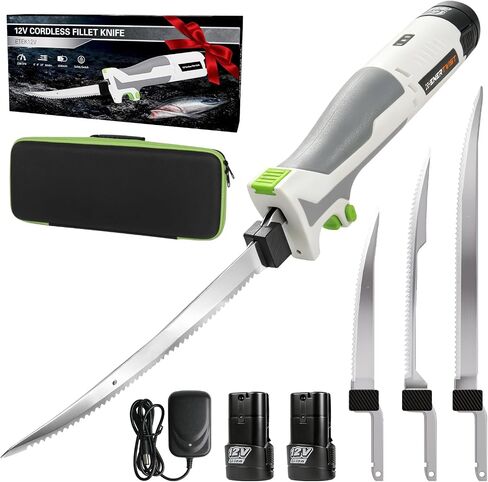 ENERTWIST Electric Cordless Fillet Knife for Fish, 3 Blades 2 Packs Battery | Rechargeable Fishing Knife Ergonomic Non-Slip Handle Portable Carry Case Safety Lock Stainless Steel Blades for Outdoor Home in Saudi Arabia