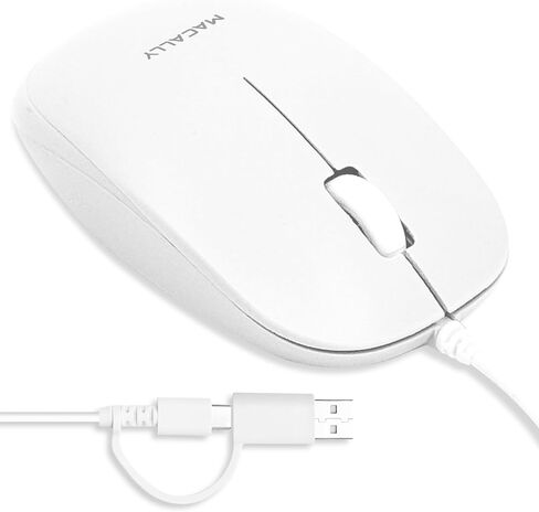 Macally Wired Mouse for Mac and PC - Dual USB C + A Plug - Simple Ambidextrous 3 Button USB Mouse Wired with Scroll Wheel and 1200 DPI Optical Sensor - for Apple, MacBook, iMac, Laptop and PC - White in Saudi Arabia