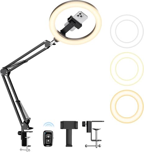 Upgrade Ring Light with Stand, Overhead Phone Mount for Desk, 10" Selfie Light with Stand Tripod for iPhone, Light with Phone Holder for Video Recording,Zoom Meeting,Live Streaming Tiktok,YouTube in Kuwait